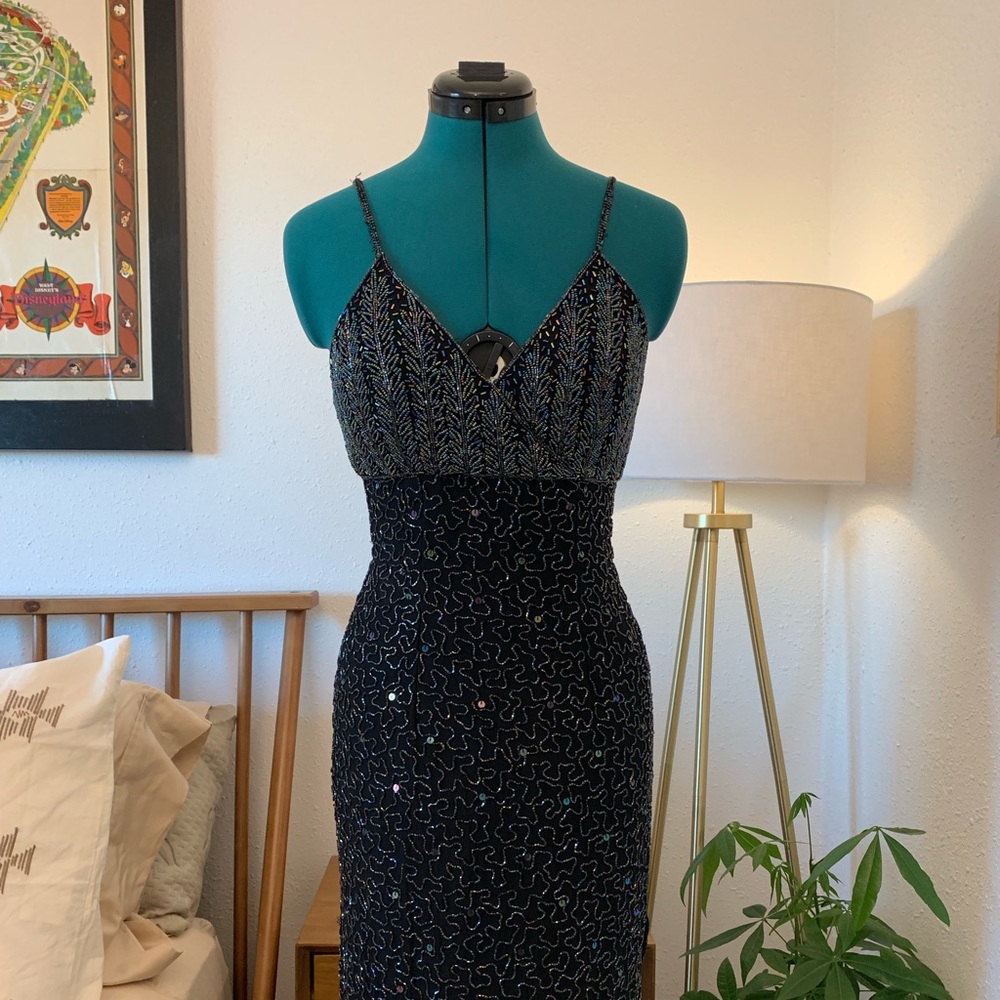 Sz S Sean X PRESS Navy Blue Beaded Evening Gown